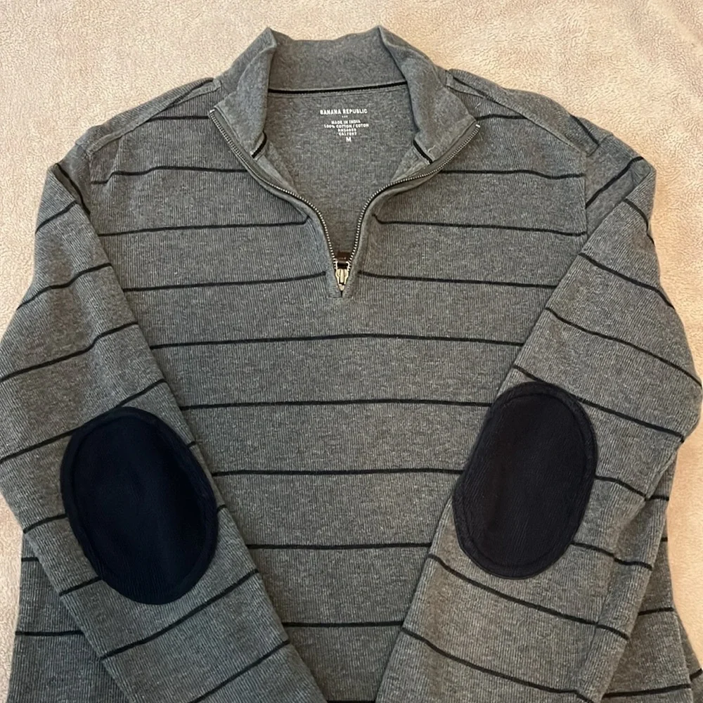Banana Republic Sweater Mens Medium 1/4 Zip Gray & Black w/ Elbow Patches